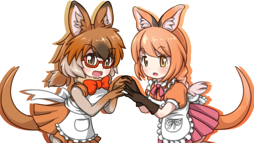 2girls :o animal_ears apron bow bowtie brown_eyes brown_gloves brown_hair eyebrows_visible_through_hair fingers_together frilled_apron frills fur_collar glasses gloves hands_together interlocked_fingers kemono_friends long_hair looking_at_viewer multiple_girls pademelon_(kemono_friends) pleated_skirt pocket red-framed_eyewear red_neckwear short_sleeves simple_background skirt sleeveless spectacled_hare-wallaby_(kemono_friends) tail thigh-highs vostok_(vostok061) white_background