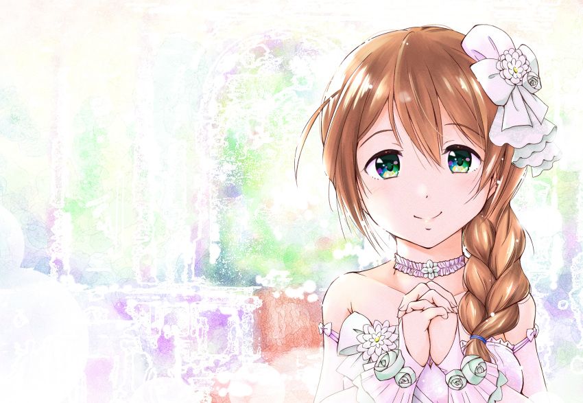 1girl absurdres arm_cuffs baba_konomi bangs bare_arms bare_shoulders bow braid braided_ponytail breasts brown_hair choker closed_mouth collarbone dot_nose dress flower frilled_choker frills green_eyes hair_between_eyes hair_bow hair_flower hair_ornament highres idolmaster idolmaster_million_live! idolmaster_million_live!_theater_days interlocked_fingers looking_at_viewer medium_breasts multicolored_background multicolored_eyes negative_space one_side_up ooshiro_youkou sleeveless sleeveless_dress smile solo tareme upper_body white_background white_bow white_choker white_dress white_flower
