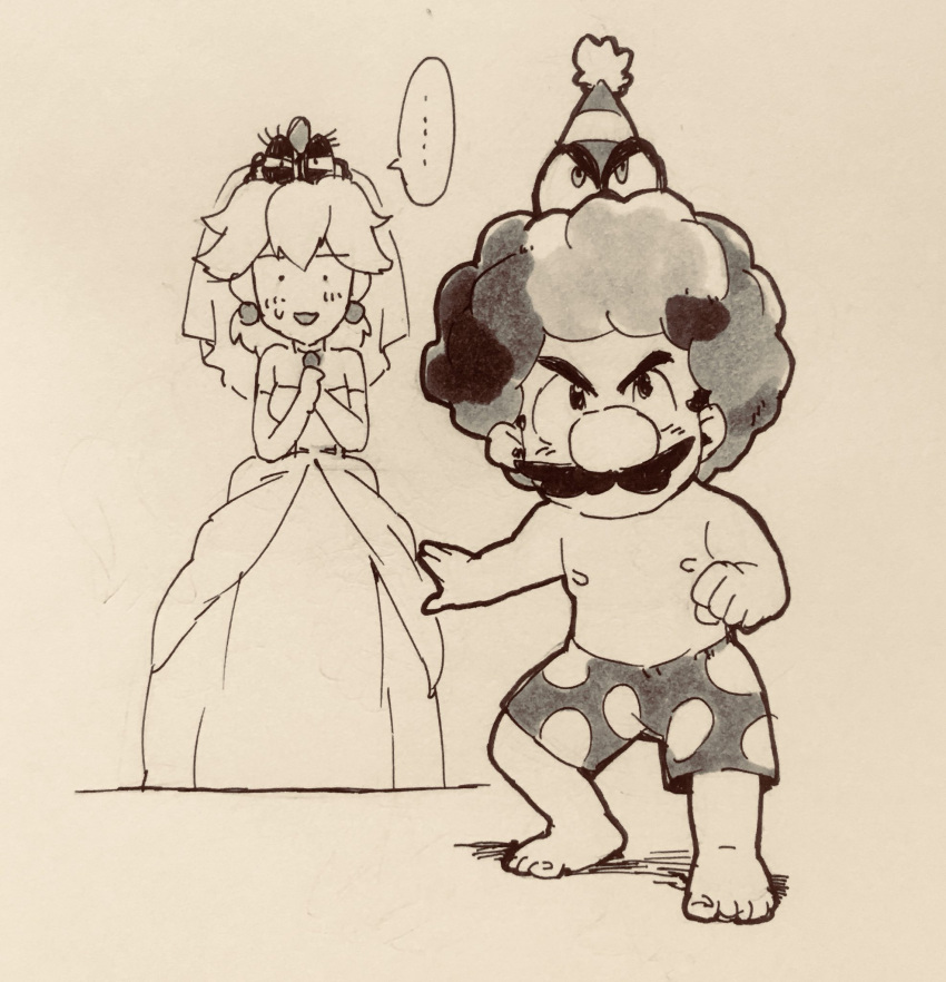 ... 1boy 1girl afro cappy_(mario) clown_wig dress facial_hair greyscale hat highres male_swimwear mario super_mario_bros. monochrome mustache nemurism nintendo nintendo_ead nipples party_hat princess_peach spoken_ellipsis super_mario_odyssey swim_trunks swimwear tiara tiara_(mario) traditional_media wedding_dress what wig