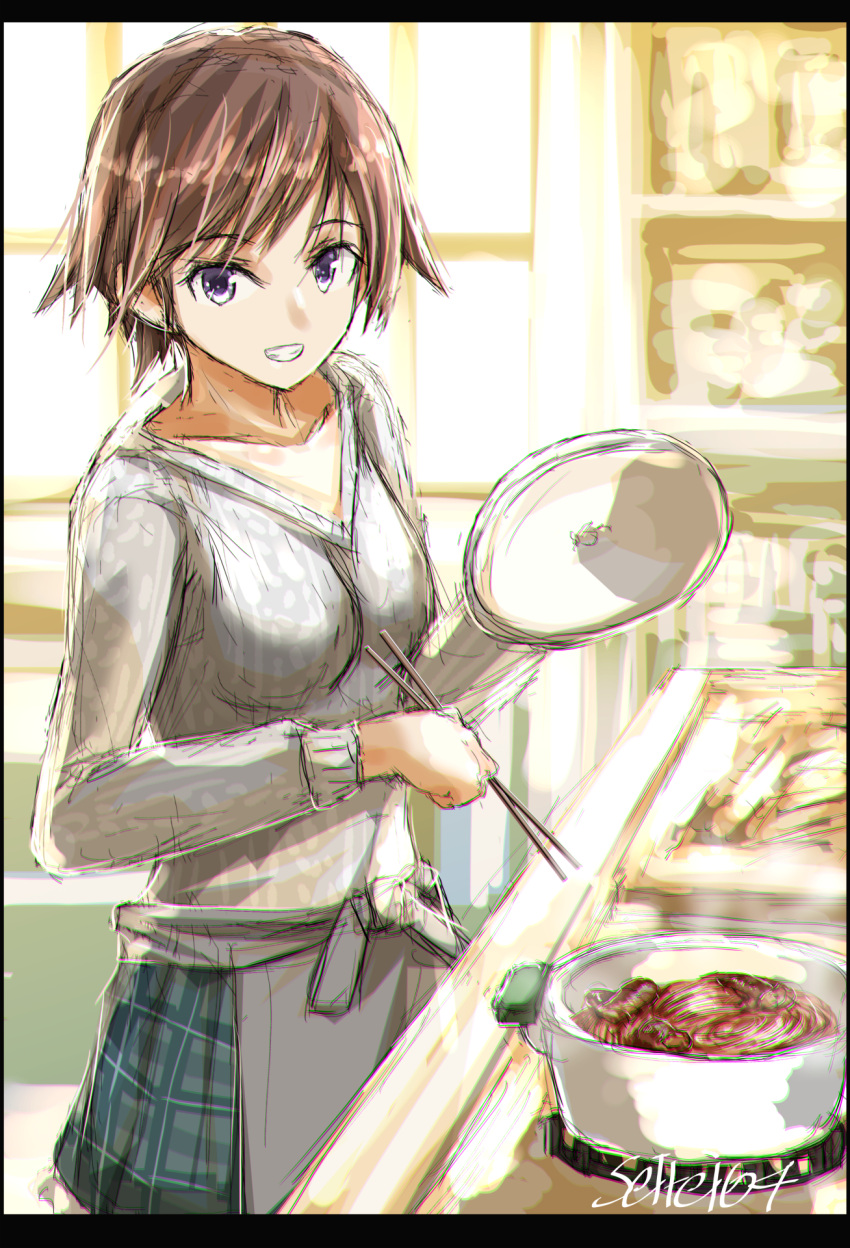 1girl alternate_costume apron breasts brown_hair chopsticks commentary_request cooking food green_skirt hiei_(kantai_collection) highres indoors kantai_collection kitchen long_sleeves looking_at_viewer medium_breasts seitei_(04seitei) short_hair skirt solo steam