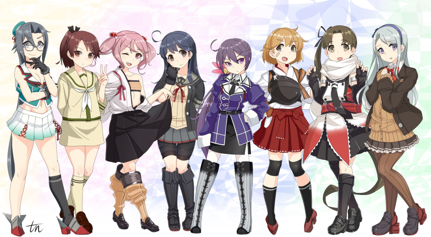 6+girls abukuma_(kantai_collection) abukuma_(kantai_collection)_(cosplay) ahoge akebono_(kantai_collection) alternate_costume amagiri_(kantai_collection) ascot asymmetrical_bangs asymmetrical_legwear ayanami_(kantai_collection) bandaid bandaid_on_face bandeau bangs bare_shoulders bell beret bike_shorts black_eyes black_gloves black_hair black_legwear black_skirt blazer blue_hairband boots brown_eyes brown_hair brown_legwear brown_skirt choukai_(kantai_collection) choukai_(kantai_collection)_(cosplay) cosplay elbow_gloves fingerless_gloves flower frilled_skirt frills glasses gloves grey_eyes grey_hair hadanugi_dousa hair_bell hair_bobbles hair_flower hair_ornament hair_ribbon hairband hakama hakama_skirt hat highres hip_vent jacket japanese_clothes jingle_bell kantai_collection knee_boots kumano_(kantai_collection) kumano_(kantai_collection)_(cosplay) long_hair long_sleeves midriff multiple_girls muneate nachi_(kantai_collection) nachi_(kantai_collection)_(cosplay) navel neckerchief oboro_(kantai_collection) one_eye_closed open_mouth oversized_clothes pantyhose pencil_skirt pink_eyes pink_hair pleated_skirt ponytail purple_hair red_hakama remodel_(kantai_collection) ribbon rudder_shoes sagiri_(kantai_collection) sazanami_(kantai_collection) scarf school_uniform sendai_(kantai_collection) sendai_(kantai_collection)_(cosplay) serafuku shikinami_(kantai_collection) short_hair short_ponytail shorts_under_skirt shouhou_(kantai_collection) shouhou_(kantai_collection)_(cosplay) side_ponytail silver_hair single_thighhigh skirt tasuki thigh-highs tun twintails uniform ushio_(kantai_collection) very_long_hair violet_eyes white_gloves white_legwear white_scarf white_skirt zettai_ryouiki zuikaku_(kantai_collection) zuikaku_(kantai_collection)_(cosplay)