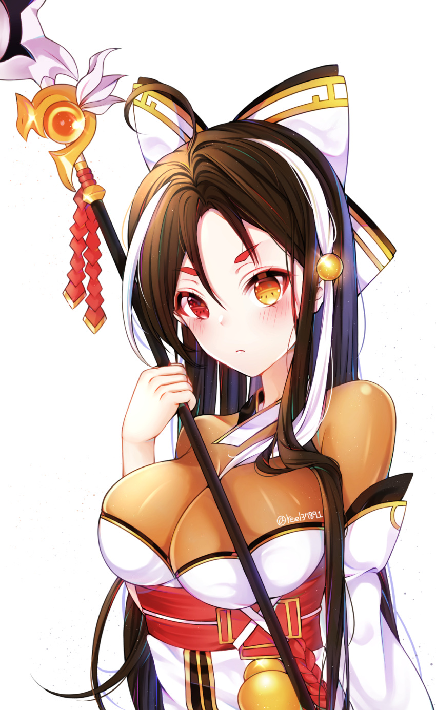 1girl ara_han asura_(elsword) black_hair bow breast_press breasts detached_sleeves elsword expressionless hair_bow heterochromia highres holding holding_spear holding_weapon large_breasts long_hair looking_at_viewer multicolored_hair polearm red_eyes reel37891 simple_background solo spear streaked_hair two-tone_hair upper_body weapon white_background white_hair yellow_eyes