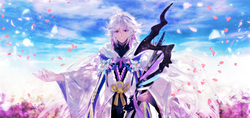 1boy blue_eyes blue_sky clouds cloudy_sky eyebrows_visible_through_hair fate/grand_order fate_(series) hair_between_eyes highres holding holding_staff long_hair looking_at_viewer merlin_(fate/stay_night) outdoors parted_lips petals robe shutsuri silver_hair sky smile solo staff very_long_hair