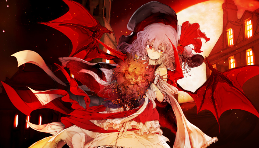 1girl bare_shoulders bat_wings black_hat bonnet bouquet commentary_request dress flower full_moon hair_between_eyes hat hat_flower hat_ribbon highres lavender_hair light_particles moon outdoors red_eyes red_ribbon red_rose remilia_scarlet ribbon rose scarlet_devil_mansion solo touhou window wings yoshioka_yoshiko