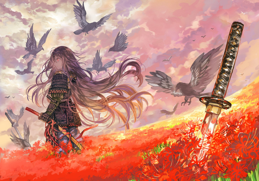 1girl armor bangs bird black_hair blood blood_on_face clouds cloudy_sky crow day demon_archer eyebrows_visible_through_hair fate/grand_order fate_(series) flower from_side hair_between_eyes holding holding_sword holding_weapon japanese_armor katana koha-ace long_hair no_hat no_headwear outdoors rioka_(southern_blue_sky) sky solo spider_lily standing sword very_long_hair weapon