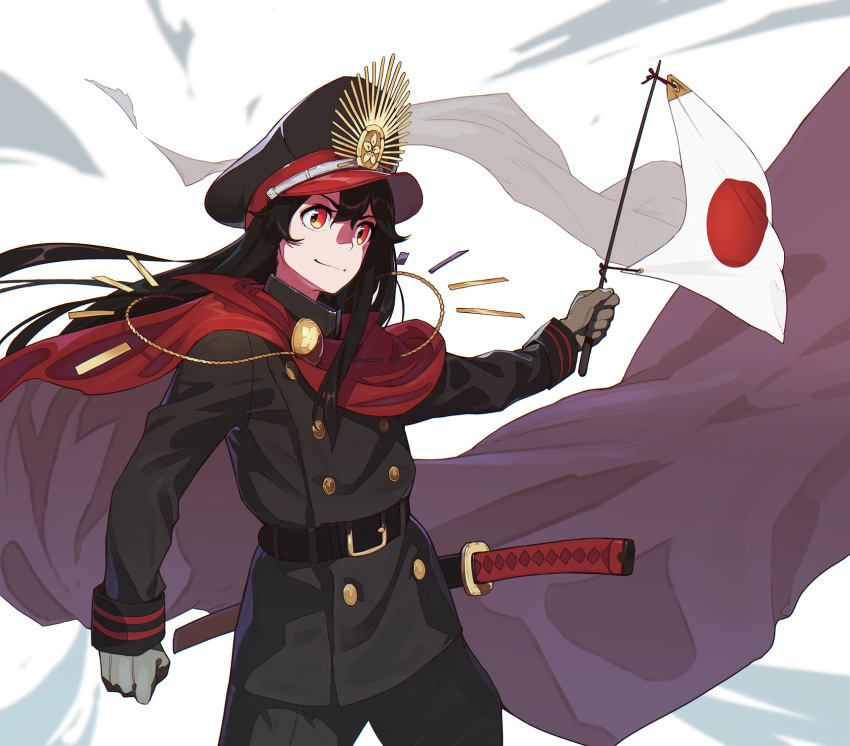 1girl bangs belt black_hair black_hat black_jacket black_pants cape clenched_hand closed_mouth cowboy_shot demon_archer fate_(series) flag gloves grey_gloves hat highres holding holding_flag jacket japanese_flag kamameshi_gougoumaru katana koha-ace long_hair long_sleeves pants peaked_cap red_cape red_eyes sheath sheathed smile solo standing sword v-shaped_eyebrows weapon