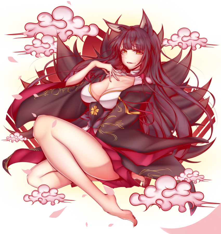 1girl absurdres akagi_(azur_lane) animal_ears azur_lane bad_id bad_pixiv_id bangs bare_legs barefoot black_hair blunt_bangs breasts cleavage_cutout clouds eyebrows_visible_through_hair fox_ears fox_tail full_body hand_on_own_chest highres japanese_clothes kimono large_breasts light_smile long_hair long_sleeves looking_at_viewer multiple_tails parted_lips revision smile solo tail tetsu_(excalibur920) wide_sleeves yellow_eyes