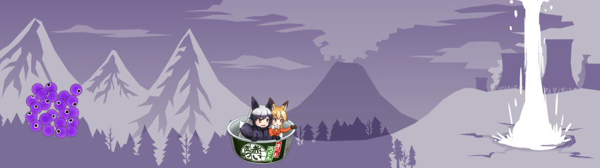 2girls animal_ears black_gloves black_hair black_neckwear blonde_hair bow bowtie cerulean_(kemono_friends) cooling_tower donbee_(food) ezo_red_fox_(kemono_friends) forest fox_ears fox_tail geyser gloves highres jacket kemono_friends long_hair long_sleeves mountain multicolored_hair multiple_girls nature nissin orange_jacket outdoors parody silver_fox_(kemono_friends) silver_hair tail vostok_(vostok061) white_neckwear yellow_eyes