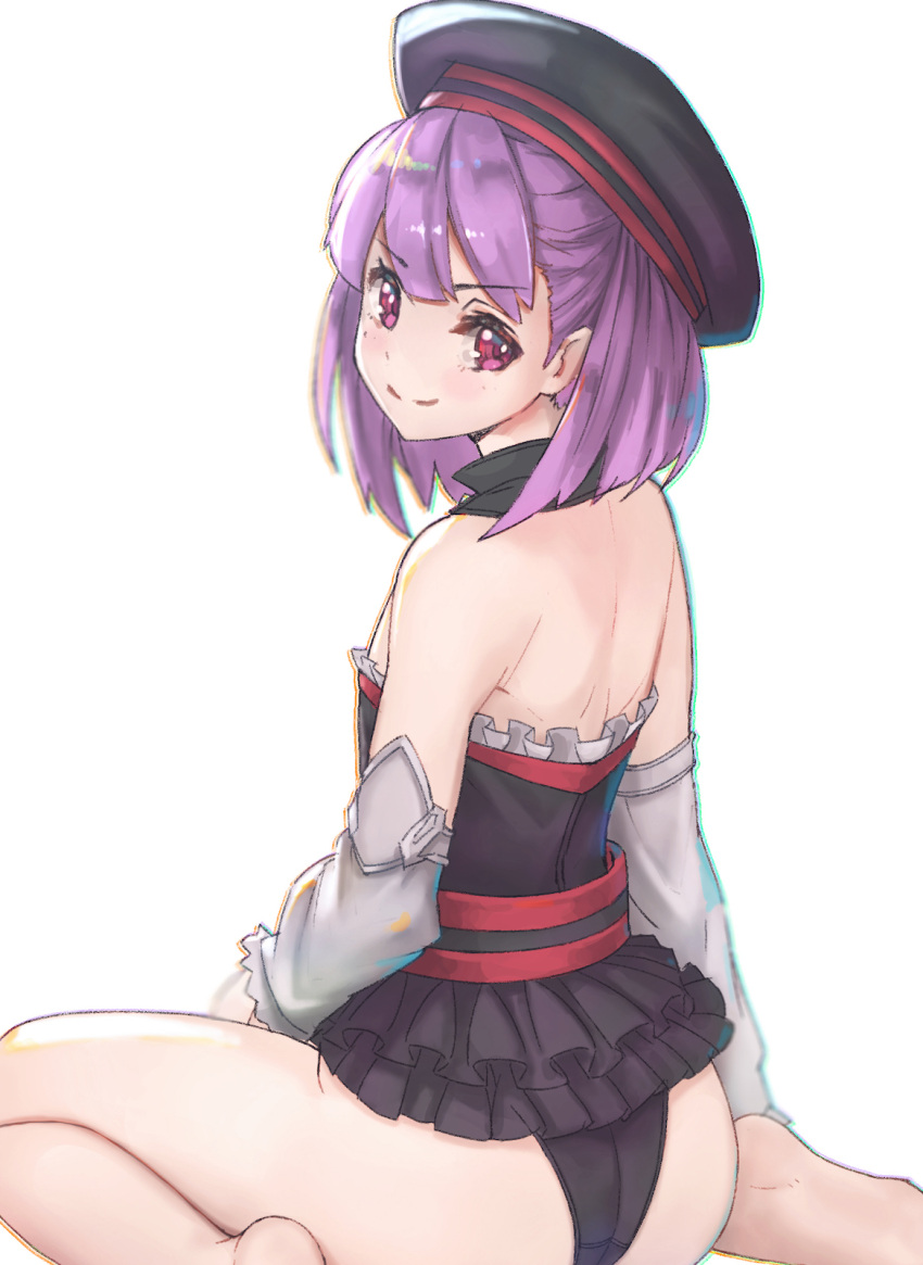 1girl asarokuji ass back bangs bare_legs bare_shoulders barefoot black_dress black_hat black_panties closed_mouth detached_sleeves dress eyebrows_visible_through_hair fate/grand_order fate_(series) feet_out_of_frame from_behind hat helena_blavatsky_(fate/grand_order) highres looking_at_viewer looking_back panties purple_hair short_dress short_hair simple_background sitting smile solo underwear violet_eyes wariza white_background