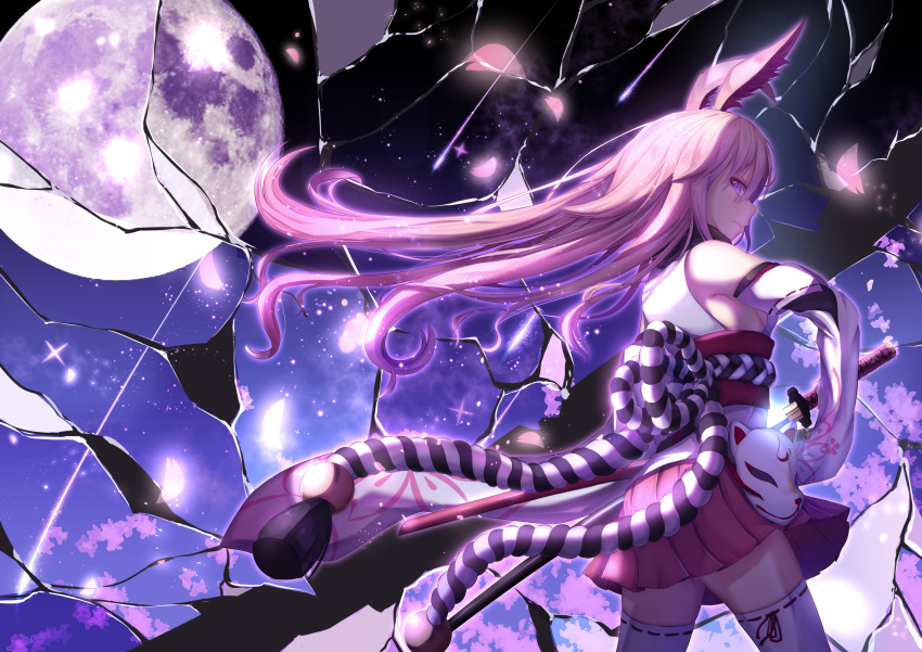 1girl animal_ears bangs bare_shoulders benghuai_xueyuan breasts broken broken_glass cherry_blossoms closed_mouth commentary_request detached_sleeves drawing_sword floating_hair fox_mask from_side full_moon glass glowing glowing_petals gradient_sky hakama highres japanese_clothes light_particles long_hair looking_at_viewer mask mask_removed moon night night_sky nontraditional_miko obi pink_hair profile purple_sky rabbit_ears red_hakama ribbon-trimmed_legwear ribbon_trim rope sash serious sheath shimenawa shiny shiny_hair shooting_star side_glance sideboob sky solo standing star_(sky) starry_sky tassel thigh-highs unsheathing very_long_hair violet_eyes white_legwear wind yae_sakura_(benghuai_xueyuan) ye_zi_you_bei_jiao_ju_ge
