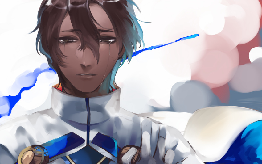 1boy arjuna_(fate/grand_order) brown_eyes brown_hair close-up crying crying_with_eyes_open dark_skin dark_skinned_male eyebrows_visible_through_hair fate/grand_order fate_(series) hair_between_eyes highres ichinosenen jacket looking_at_viewer male_focus parted_lips solo tears