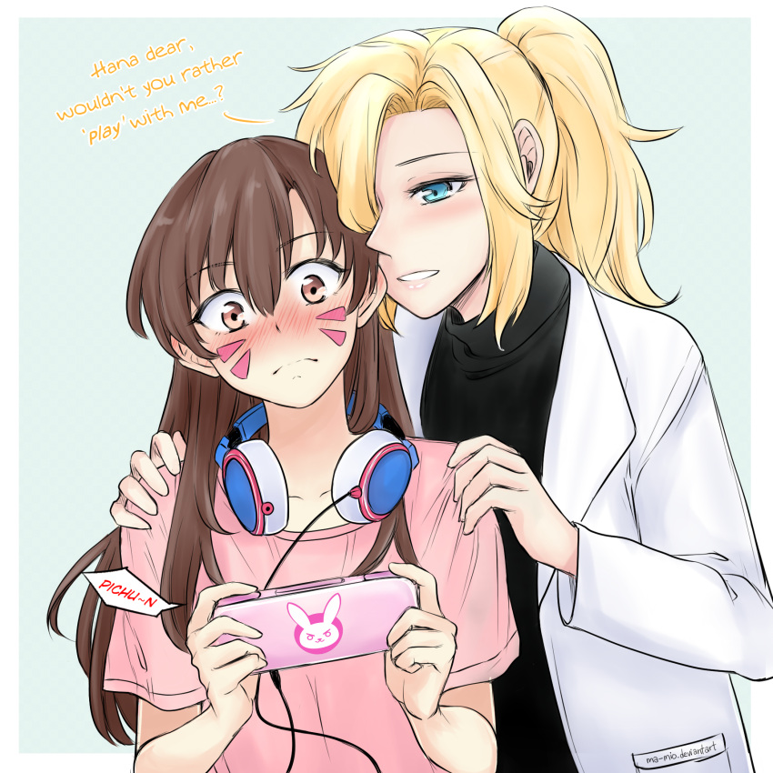 2girls blonde_hair blue_eyes blush brown_hair d.va_(overwatch) english facial_mark flirting handheld_game_console headphones highres labcoat mercy_(overwatch) multiple_girls overwatch playstation_portable yuri