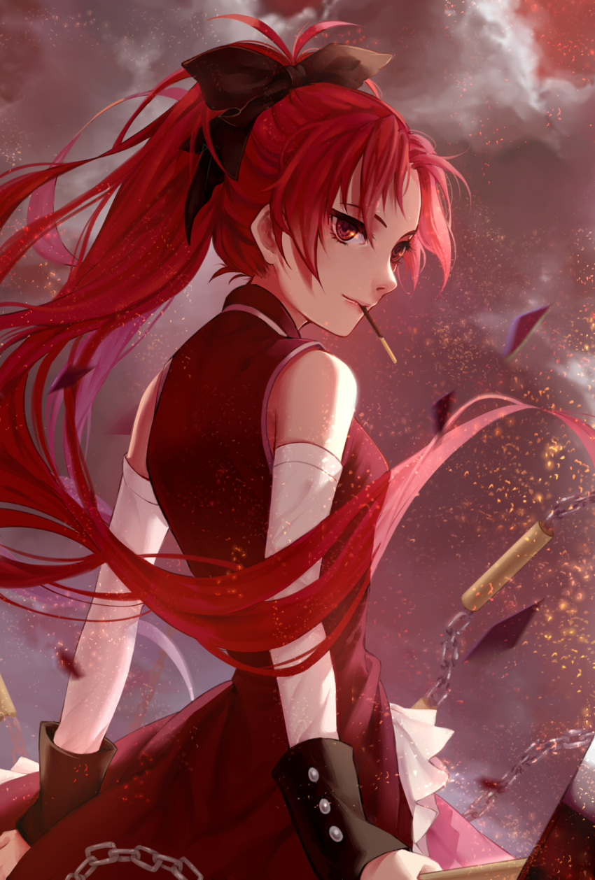 detached_sleeves food headband highres looking_back luciana1 mahou_shoujo_madoka_magica mahou_shoujo_madoka_magica_movie pocky red_eyes redhead sakura_kyouko weapon