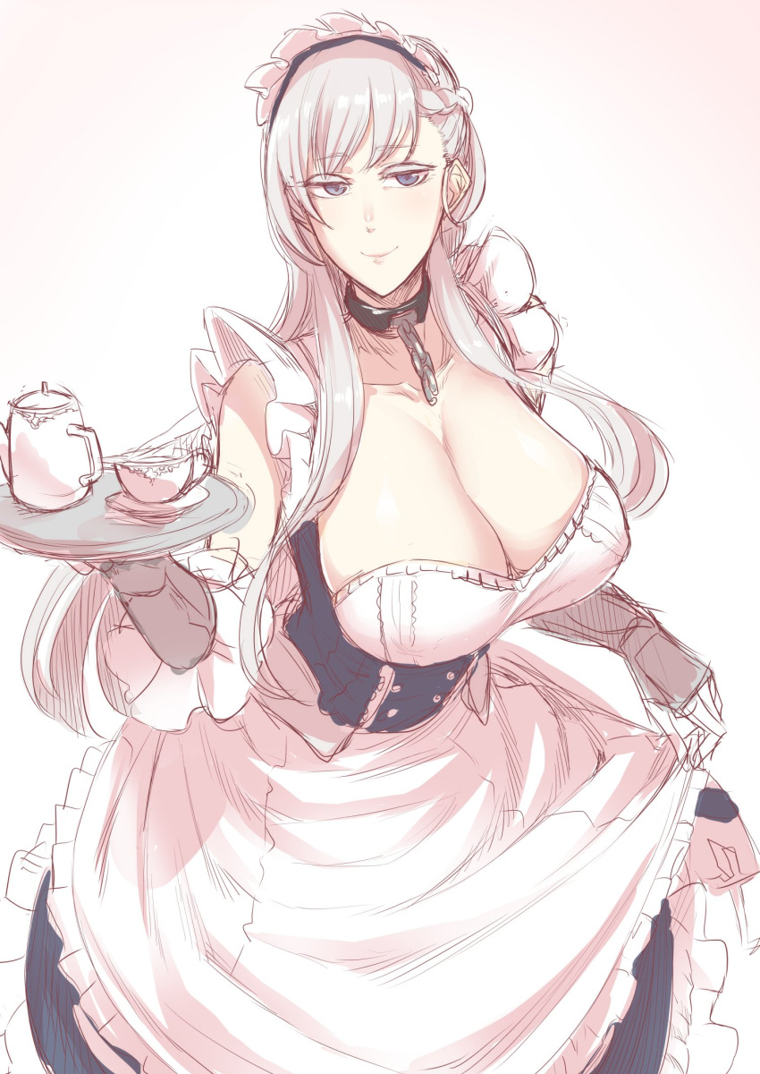 1girl apron bangs blue_dress blue_eyes blush breasts chains cleavage closed_mouth collar copyright_request cup detached_sleeves dress eyebrows_visible_through_hair highres huge_breasts long_hair looking_at_viewer maid maid_apron maid_headdress metal_collar nakamura_regura pink_background silver_hair sketch smile solo standing teacup tray upper_body