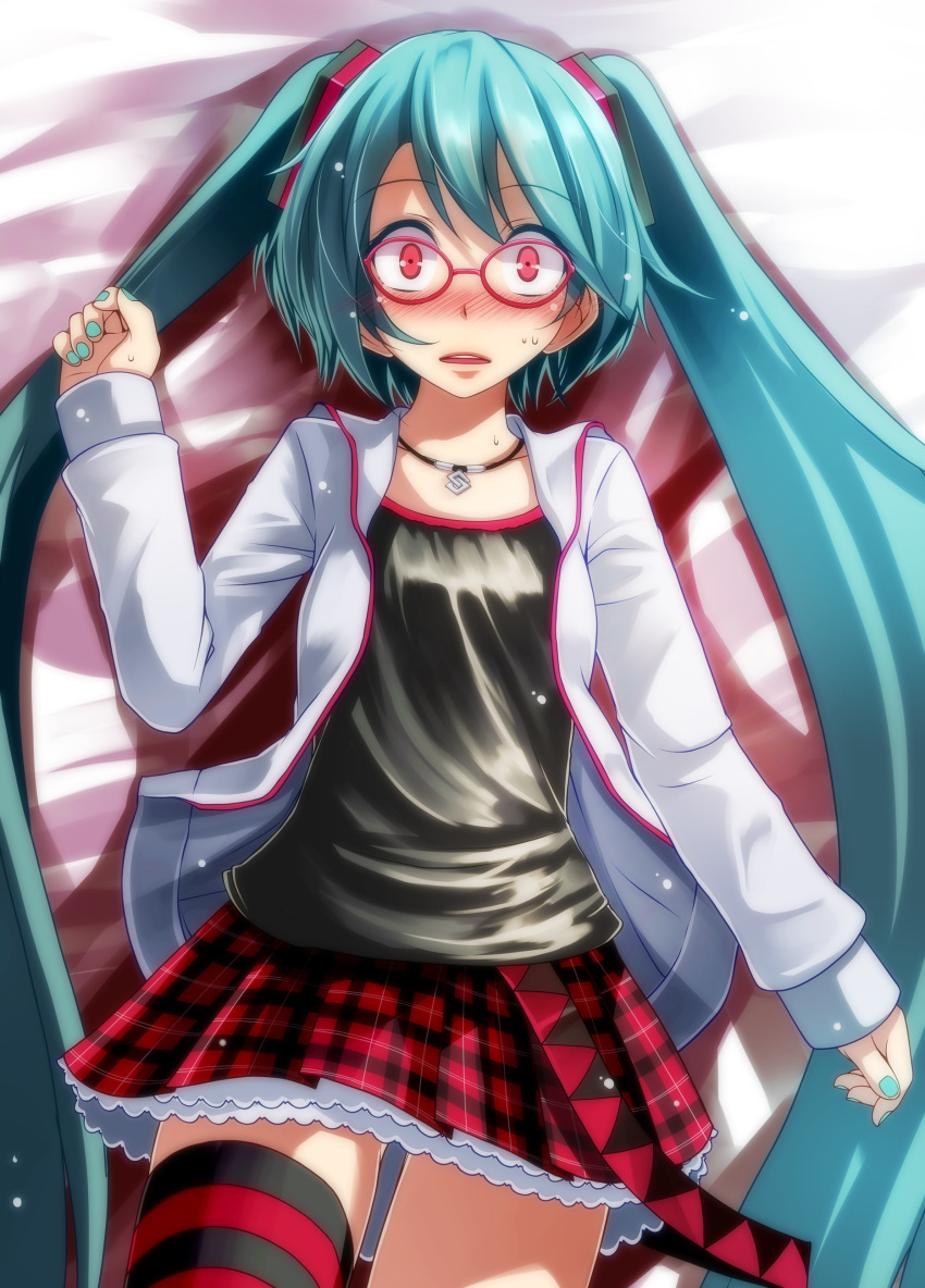 1girl absurdres aqua_hair bangs bed_sheet black_shirt blue_nails blush collarbone cowboy_shot eyebrows_visible_through_hair fingernails from_above glasses hatsune_miku highres jacket jewelry long_hair long_sleeves looking_at_viewer lying nail_polish natural_(module) necklace nervous nose_blush on_back open_clothes open_jacket open_mouth pendant petticoat plaid plaid_skirt pleated_skirt project_diva_(series) red_eyes red_skirt round_teeth sanpaku shirt single_thighhigh skirt sleeves_past_wrists solo striped striped_legwear sweat tareme teeth thigh-highs tsukishiro_saika twintails very_long_hair vocaloid white_jacket wide-eyed zettai_ryouiki