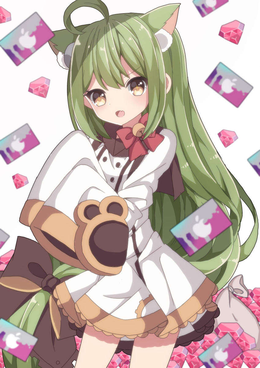 1girl :d absurdres akashi_(azur_lane) animal_ears apple_inc. azur_lane blurry bow card cat_ears depth_of_field diamond green_hair hair_bow hair_ribbon highres logo long_hair looking_at_viewer low-tied_long_hair open_mouth ribbon sapphire_(sapphire25252) sleeves_past_wrists smile solo yellow_eyes