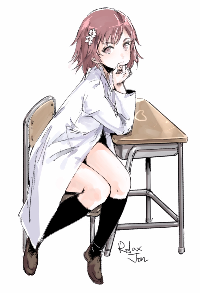 1girl artist_name black_legwear brown_eyes brown_hair chair desk flower hair_flower hair_ornament hand_on_own_chin highres labcoat misaka_mikoto relaxjon school_desk short_hair simple_background sitting solo to_aru_kagaku_no_railgun to_aru_majutsu_no_index white_background