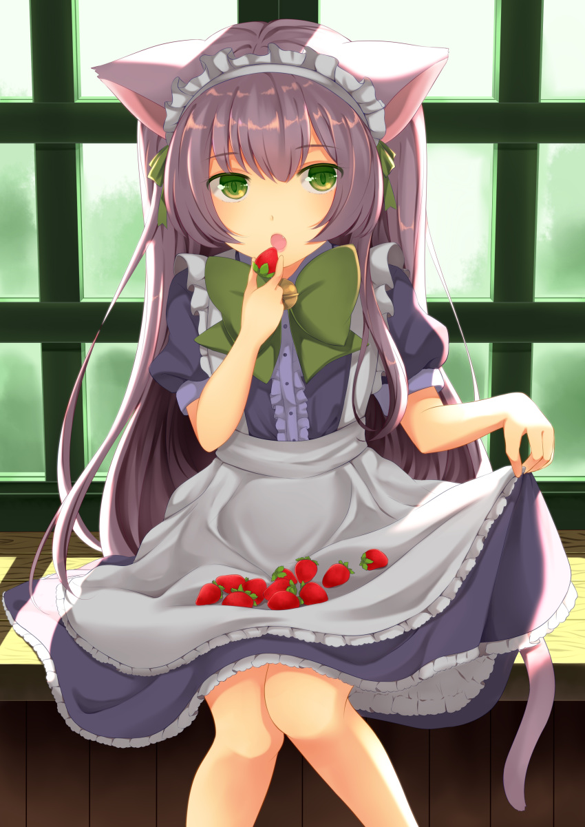 1girl :o absurdres animal_ears apron apron_basket apron_hold bell bow cat_ears cat_tail day eating fang food fruit green_bow green_eyes highres indoors jingle_bell knees_together long_hair looking_at_viewer maid maid_apron maid_headdress original puffy_short_sleeves puffy_sleeves purple_hair short_sleeves sitting skirt_hold solo strawberry tail utako_(kuromosuki) very_long_hair window
