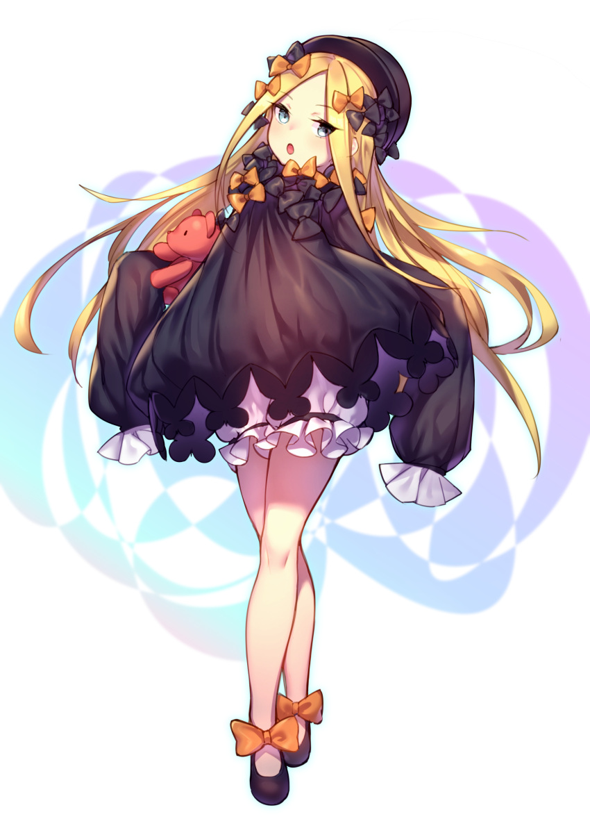 1girl :o black_bow black_dress blonde_hair blue_eyes bow character_request commentary_request dress dress_bow dress_shoes eyebrows_visible_through_hair fate/grand_order fate_(series) frilled_dress frilled_legwear frilled_sleeves frills full_body gothic_lolita hair_bow hands_in_sleeves hat highres holding holding_toy lolita_fashion long_hair long_sleeves looking_at_viewer open_mouth orange_bow shennai_misha shoe_bow shoes solo stuffed_animal stuffed_toy teddy_bear too_many_bows