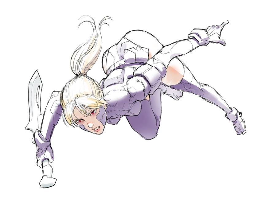 1girl ass bangs blonde_hair bodysuit clenched_teeth commentary falling full_body gloves holding holding_weapon lips ninja original parted_lips pink_lips ponytail purple_legwear red_eyes reverse_grip simple_background sketch solo teeth thigh-highs tim_loechner weapon white_background