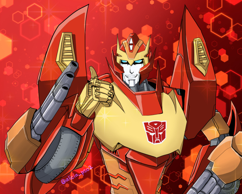 1boy artist_request autobot blue_eyes highres insignia looking_at_viewer machinery no_humans red_background rodimus smile solo thumbs_up transformers