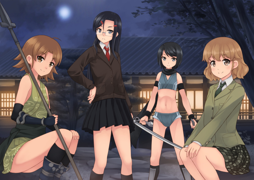 4girls akemiho_tabi_nikki black_eyes black_hair brown_eyes brown_hair building elbow_gloves eyebrows_visible_through_hair glasses gloves hair_ornament hairclip kunai long_hair looking_at_viewer midriff multiple_girls navel necktie night ninja outdoors polearm rimless_eyewear scarf school_uniform short_hair sitting standing sword tree weapon