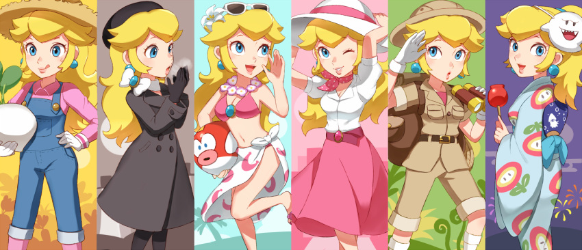 1girl alternate_costume bikini binoculars blonde_hair blooper blush boo breath candy_apple cheep_cheep column_lineup dress eyewear_on_head fire_flower fireworks food gloves hat japanese_clothes kimono long_skirt looking_at_viewer super_mario_bros. mask mask_on_head one_eye_closed open_mouth overalls princess_peach riko_(sorube) sarong scarf skirt smile straw_hat sun_hat sunglasses super_mario_bros. super_mario_odyssey swimsuit turnip