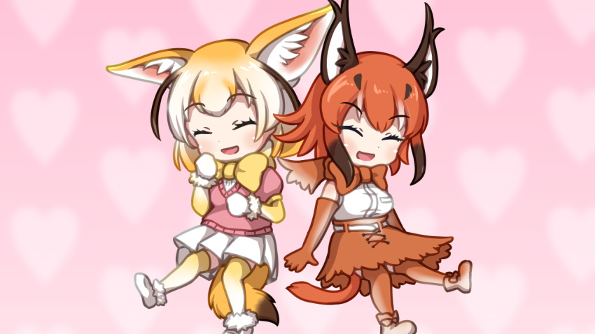 2girls :d ^_^ animal_ears belt blonde_hair bow bowtie brown_gloves brown_hair brown_legwear brown_skirt caracal_(kemono_friends) caracal_ears caracal_tail closed_eyes elbow_gloves eyebrows_visible_through_hair fennec_(kemono_friends) fox_ears fur_trim gloves heart high-waist_skirt kemono_friends multicolored_hair multiple_girls open_mouth parody pink_background pink_sweater pleated_skirt shirt short_sleeve_sweater short_sleeves skirt sleeveless sleeveless_shirt smile sweater tail thigh-highs vostok_(vostok061) white_hair white_skirt yellow_neckwear