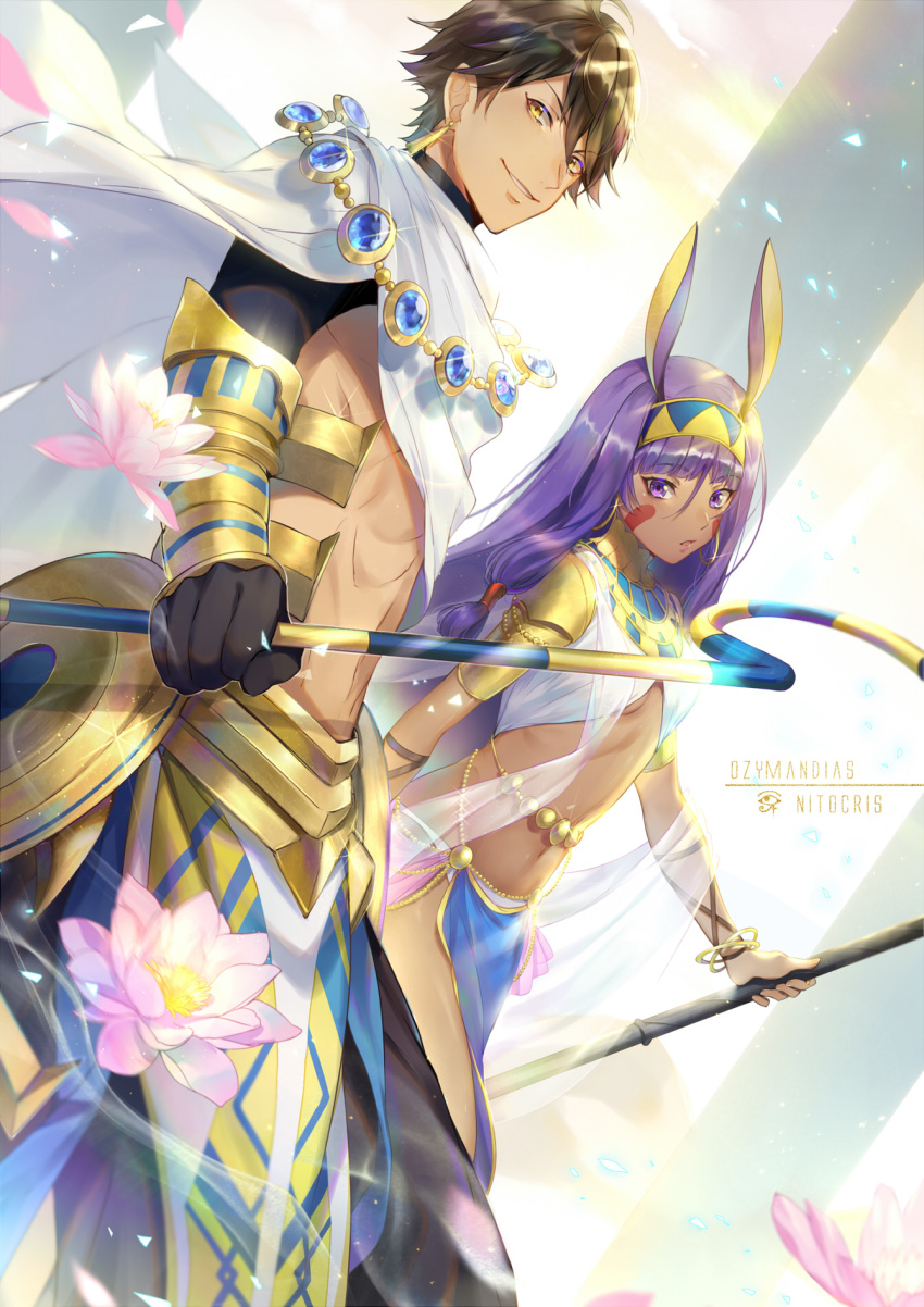 1boy 1girl :o bracelet breasts brown_hair cape character_name collar commentary_request dark_skin earrings ekita_xuan fate/grand_order fate_(series) grin hair_tubes highres holding hoop_earrings jewelry long_hair looking_at_viewer navel nitocris_(fate/grand_order) parted_lips pelvic_curtain purple_hair rider_(fate/prototype_fragments) small_breasts smile standing trait_connection violet_eyes white_cape yellow_eyes