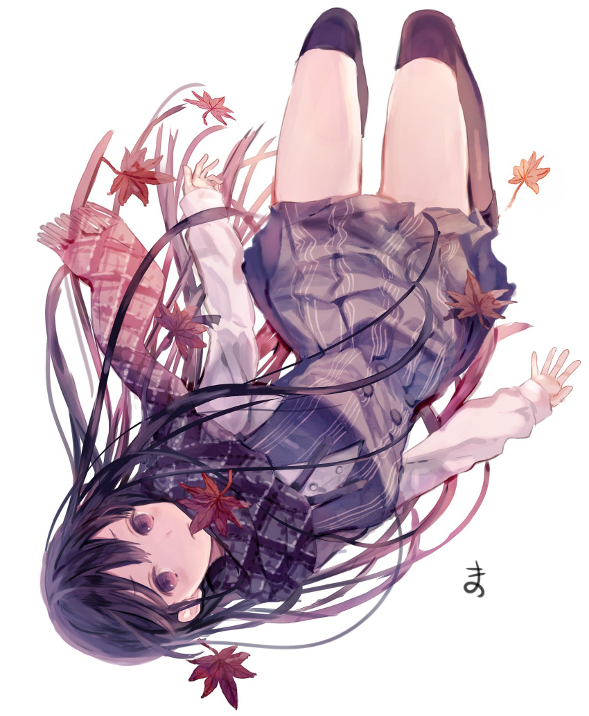 1girl bangs black_hair blue_dress brown_legwear closed_mouth dress full_body highres iijima_masashi kneehighs leaf long_hair long_sleeves looking_at_viewer maple_leaf mouth_hold original scarf shirt signature simple_background solo upside-down very_long_hair violet_eyes white_background white_shirt