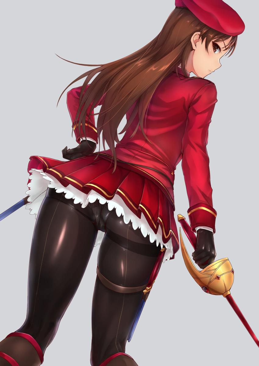 1girl absurdres ass bangs beret black_gloves black_legwear boots brown_eyes brown_hair commentary crotch_seam gloves grey_background hand_on_hip hat highres holding holding_sword holding_weapon holster knee_boots long_hair long_sleeves looking_at_viewer looking_back original panties panties_under_pantyhose pantyhose rapier simple_background skirt solo sword thigh_holster thighband_pantyhose tori@gununu underwear weapon