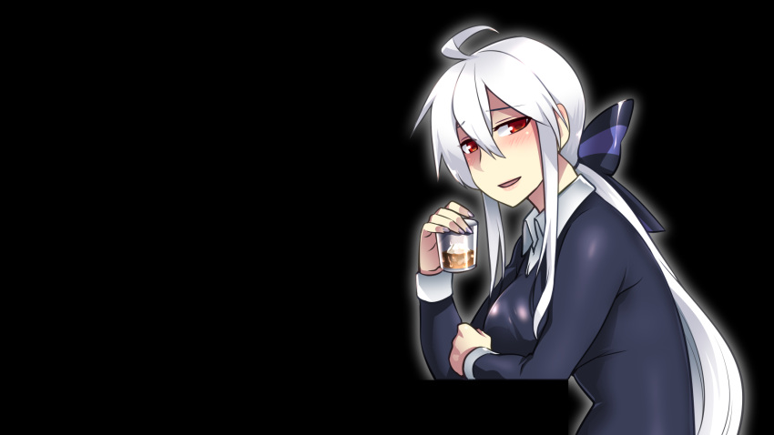 1girl ahoge alcohol bottle breasts caffein cup drinking_glass glass highres long_hair looking_at_viewer nail_polish ponytail red_eyes silver_hair sitting smile solo vocaloid voyakiloid whiskey yowane_haku
