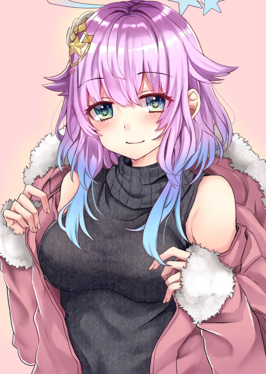 1girl bare_shoulders black_sweater blue_eyes blue_hair blush breasts eyebrows_visible_through_hair fur_trim gradient_hair hair_ornament halo hamu_(plot_sy) highres jacket long_hair luka_(shironeko_project) medium_breasts multicolored_hair off_shoulder open_clothes open_jacket pink_jacket purple_hair shironeko_project sleeveless sleeveless_turtleneck smile solo star star-shaped_pupils star_hair_ornament sweater symbol-shaped_pupils turtleneck turtleneck_sweater upper_body