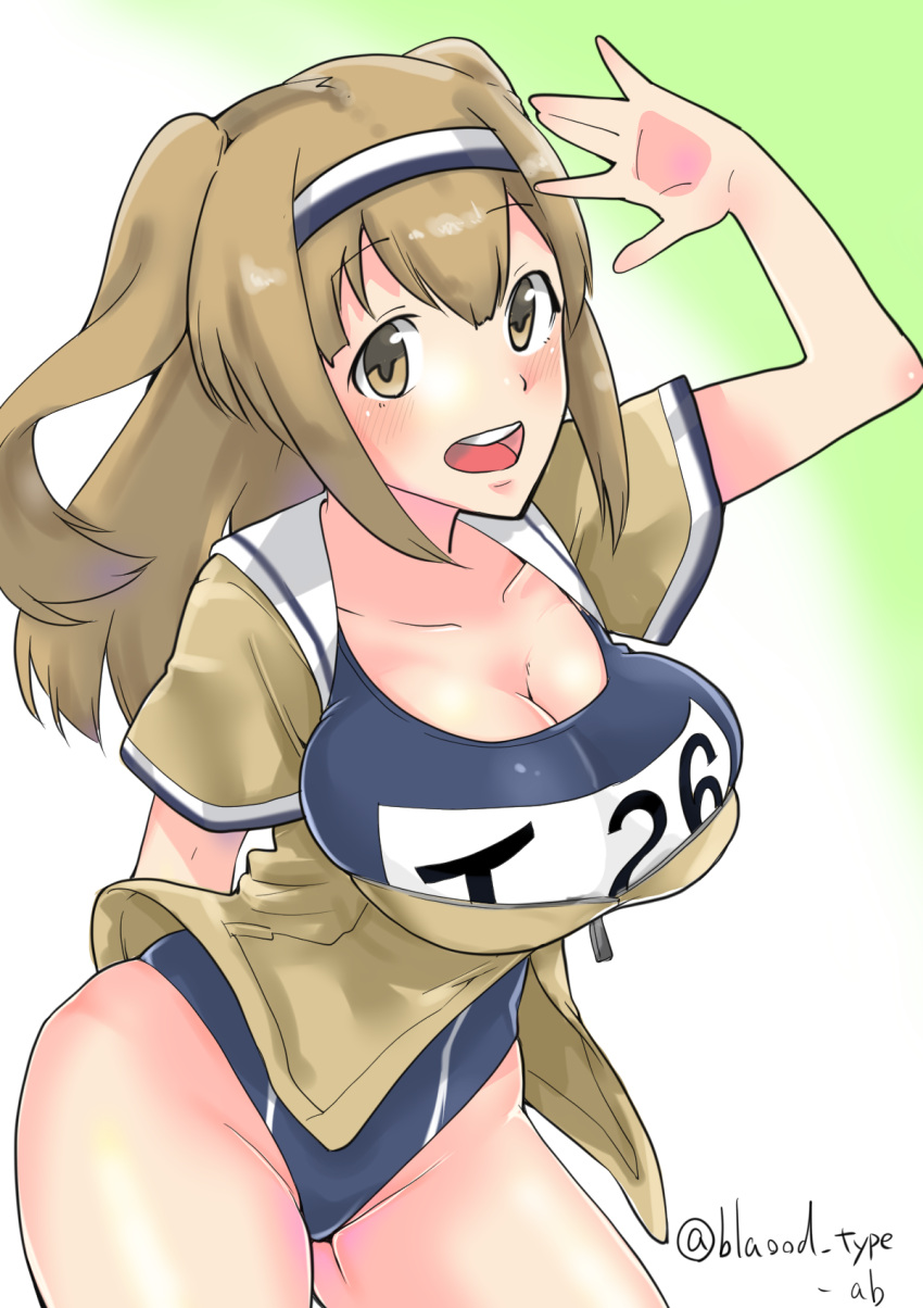 1girl arm_up blood_type_ab breasts cleavage clothes_writing gradient gradient_background green_background hairband highres i-26_(kantai_collection) kantai_collection large_breasts light_brown_eyes light_brown_hair name_tag new_school_swimsuit one-piece_swimsuit open_mouth sailor_collar school_swimsuit short_sleeves solo swimsuit swimsuit_under_clothes twitter_username two-tone_hairband two_side_up