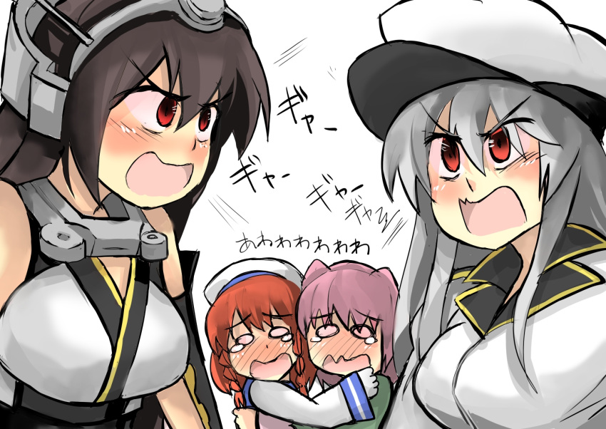 4girls black_gloves black_hair blush catfight confrontation crying crying_with_eyes_open elbow_gloves etorofu_(kantai_collection) full-face_blush gangut_(kantai_collection) gaoo_(frpjx283) gloves grey_hair hat headgear hug jacket kantai_collection kunashiri_(kantai_collection) long_hair military_hat multiple_girls nagato_(kantai_collection) open_mouth peaked_cap pink_hair red_eyes redhead scared short_hair tears twintails upper_body white_hat white_jacket