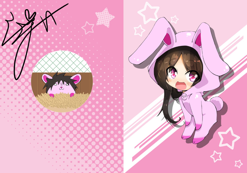 1girl :d animal_costume animal_hood artist_name bunny_costume bunny_hood bunny_tail hands_on_own_thighs hood jinguu_(4839ms) looking_at_viewer mouse onesie open_mouth original parted_lips pink_background signature smile solo standing star star_print tail