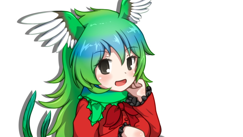 1girl :d black_eyes bow bowtie eyebrows_visible_through_hair frilled_sleeves frills green_hair hand_on_own_chin head_wings kemono_friends long_hair long_sleeves looking_at_viewer open_mouth red_neckwear resplendent_quetzal_(kemono_friends) shadow simple_background smile solo upper_body vostok_(vostok061) white_background