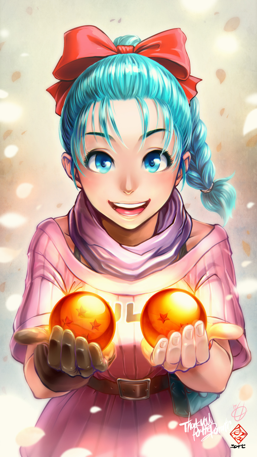 1girl absurdres belt blue_eyes blue_hair bow braid bulma dragon_ball dragon_ball_(object) gloves glowing hair_bow highres looking_at_viewer scarf single_braid single_glove smile solo tete_(amakuchichiyoko)