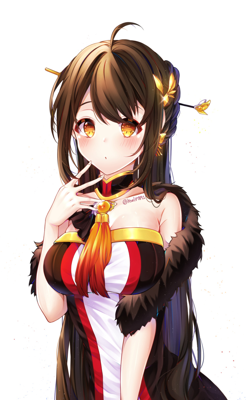 1girl ahoge ara_han bare_shoulders black_hair blush choker elsword feather_boa highres long_hair looking_at_viewer reel37891 simple_background solo tassel twitter_username upper_body white_background yama_raja_(elsword) yellow_eyes