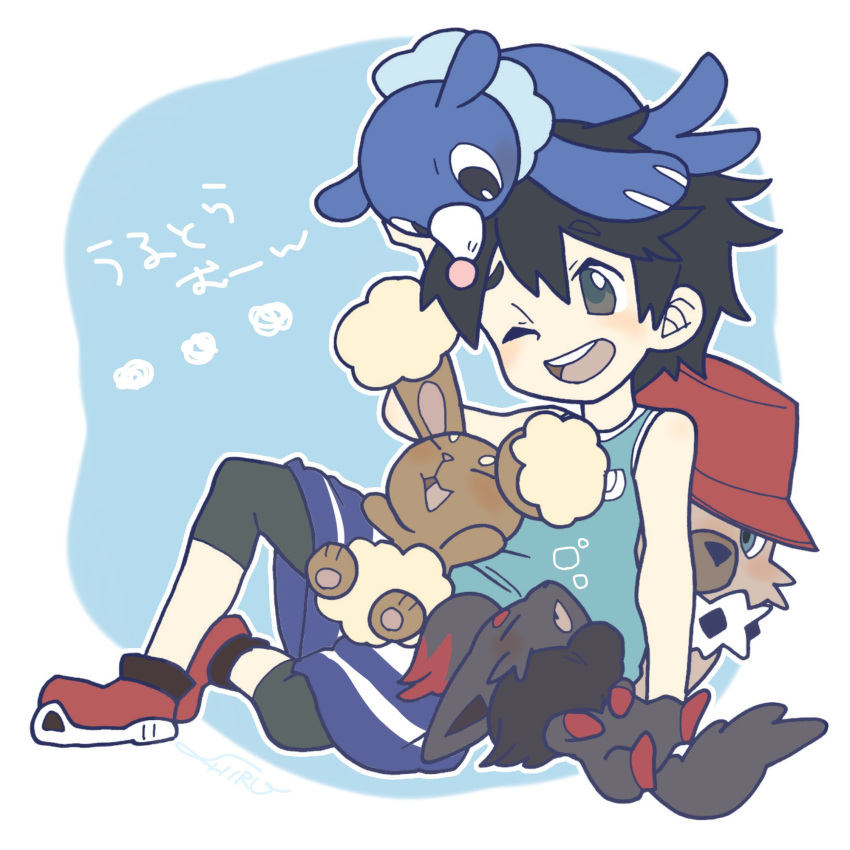 1boy black_hair blue_background bucket_hat buneary grey_eyes hat highres leggings male_focus one_eye_closed open_mouth pokemon pokemon_(creature) pokemon_(game) pokemon_ultra_sm popplio rockruff shiro_(tiotolv) shoes shorts signature simple_background sitting smile sneakers tank_top you_(pokemon_ultra_sm)