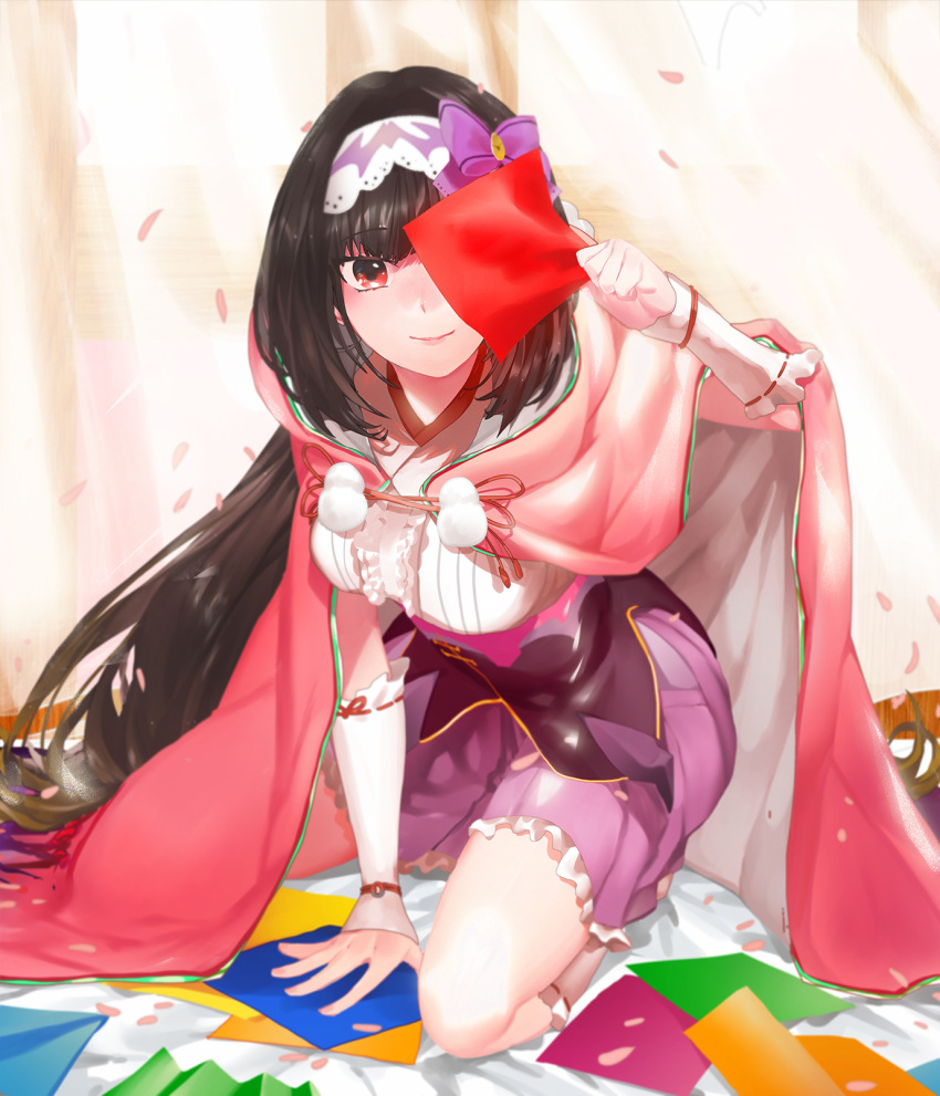 1girl arm_warmers bango0823 black_hair bow breasts cloak covering_one_eye fate/grand_order fate_(series) hair_bow hairband highres hood hood_down hooded_cloak kneeling large_breasts long_hair looking_at_viewer osakabe-hime_(fate/grand_order) paper purple_skirt skirt smile solo very_long_hair violet_eyes