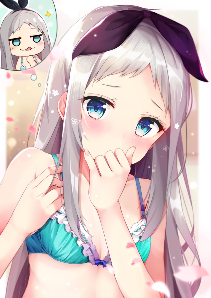 1boy aqua_bra bare_shoulders blend_s blue_eyes blush bra chibi covering_mouth hair_ribbon highres kanzaki_hideri long_hair looking_at_viewer petals ribbon rouka_(akatyann) silver_hair solo thought_bubble trap underwear upper_body