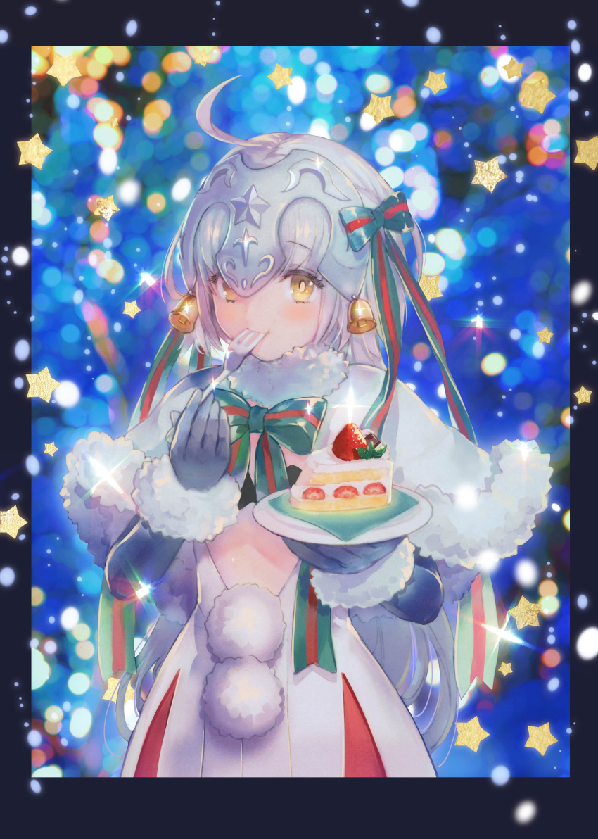 1girl absurdres ahoge bell black_bra black_gloves blurry blush bokeh border bow bowtie bra bright_pupils cake capelet depth_of_field dress eating elbow_gloves eyebrows_visible_through_hair fate/grand_order fate_(series) food fork fruit fur-trimmed_gloves fur_trim glint gloves green_bow green_neckwear hair_bow headpiece highres jeanne_d'arc_(fate)_(all) jeanne_d'arc_alter_santa_lily long_hair looking_at_viewer plate pom_pom_(clothes) shiny shiny_hair shutsuri silver_hair slice_of_cake solo star strawberry striped_neckwear tareme twitter_username underwear upper_body very_long_hair white_dress yellow_eyes