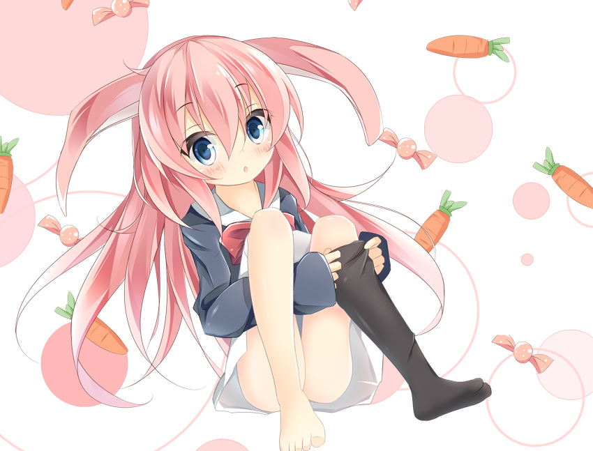 1girl :o animal_ears bangs barefoot black_legwear blue_eyes blue_jacket blush bow bowtie candy_wrapper carrot commentary_request dress dressing dutch_angle eyebrows_visible_through_hair hair_between_eyes jacket kushida_you long_hair looking_at_viewer no_shoes original parted_lips pink_hair rabbit_ears red_neckwear sitting solo thigh-highs toenails very_long_hair white_background white_dress