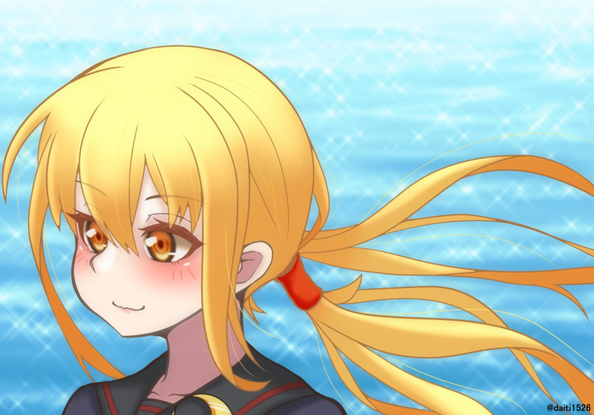 black_serafuku blonde_hair commentary_request crescent crescent_pin daichi_(daiti1318) kantai_collection long_hair looking_to_the_side ocean one-hour_drawing_challenge satsuki_(kancolle) school_uniform serafuku smile twintails twitter_username upper_body water yellow_eyes
