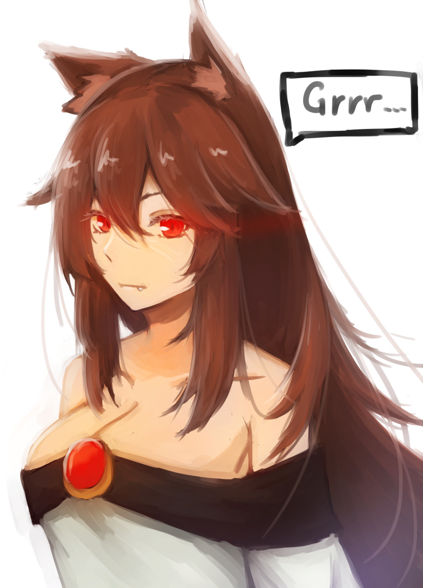 1girl absurdres animal_ears breasts brooch brown_hair cleavage collarbone dress expressionless fang highres imaizumi_kagerou jewelry large_breasts long_hair long_sleeves red_eyes shirosama_(olheat) simple_background solo speech_bubble touhou white_background wide_sleeves wolf_ears