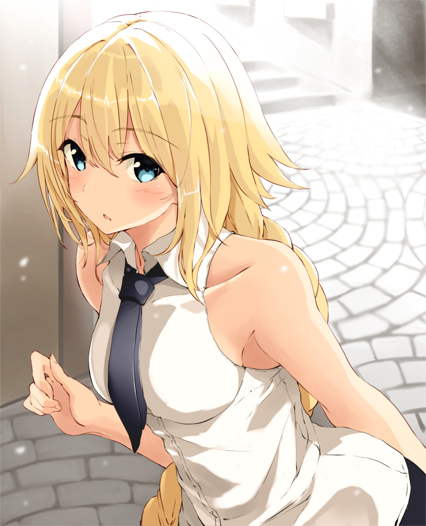 1girl absurdres blonde_hair blue_hair blush fate/apocrypha fate_(series) fuu_(fuore) highres jeanne_d'arc_(fate) jeanne_d'arc_(fate)_(all) long_hair necktie open_mouth road shirt sleeveless sleeveless_shirt solo street very_long_hair