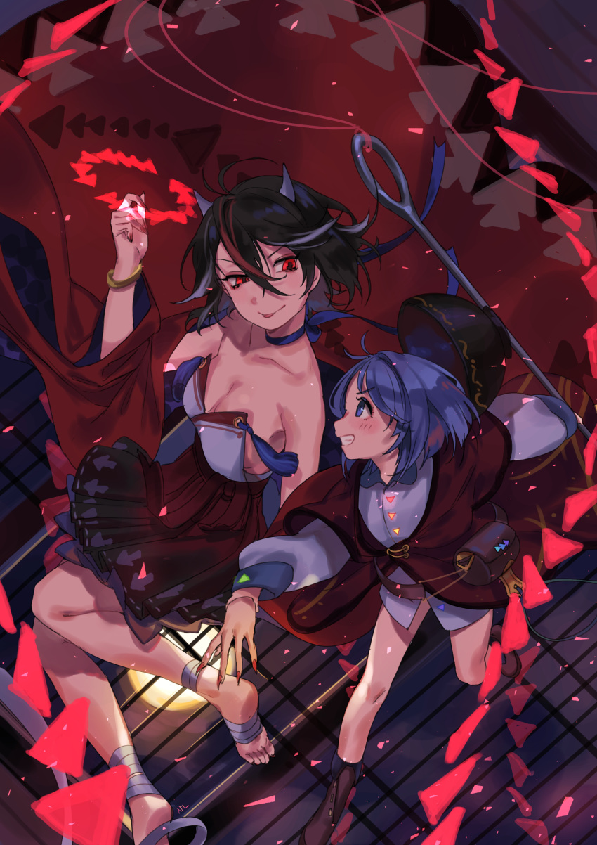 2girls absurdres adapted_costume bandage bandaged_leg bare_legs bare_shoulders black_hair blue_eyes blue_hair blue_ribbon boots bowl bowl_hat bracelet breasts brown_footwear cleavage collarbone directional_arrow fingernails full_moon hair_between_eyes hand_up hat high-waist_skirt highres horns jewelry kijin_seija long_fingernails looking_at_another medium_breasts miniskirt moon multicolored_hair multiple_girls nail_polish neck_ribbon needle night night_sky outdoors pleated_skirt red_eyes red_nails redhead ribbon shan sharp_fingernails short_hair skirt sky smile streaked_hair sukuna_shinmyoumaru touhou white_hair