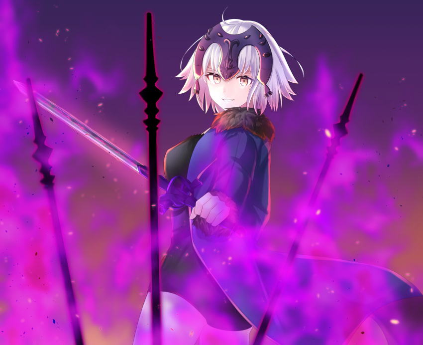 1girl ahoge blush breasts brown_eyes eyebrows_visible_through_hair fate/grand_order fate_(series) headpiece highres holding holding_sword holding_weapon jeanne_d'arc_(alter)_(fate) jeanne_d'arc_(fate)_(all) large_breasts looking_at_viewer parted_lips rossa_(pixiv27548922) short_hair smile solo sword weapon white_hair
