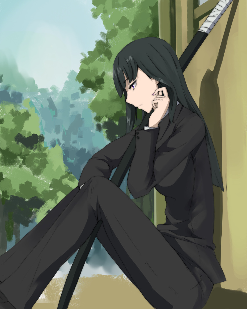 1girl absurdres bangs black_hair black_suit darker_than_black day formal from_side hazuki_mina_(darker_than_black) highres katana long_hair nail_polish necktie outdoors pant_suit profile purple_nails rosaline sitting solo suit sword violet_eyes weapon